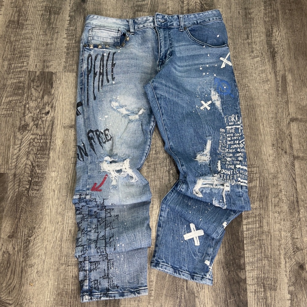 Grindhouse Denim Mens 34 Distressed Graffiti Studded Paint Splatter Jeans Blue
